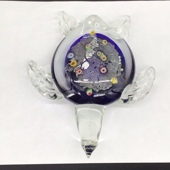 Handcrafted Glass Turtle Paperweight With Millefiori Design & Silver Leaf Accent - Picture 5 of 6